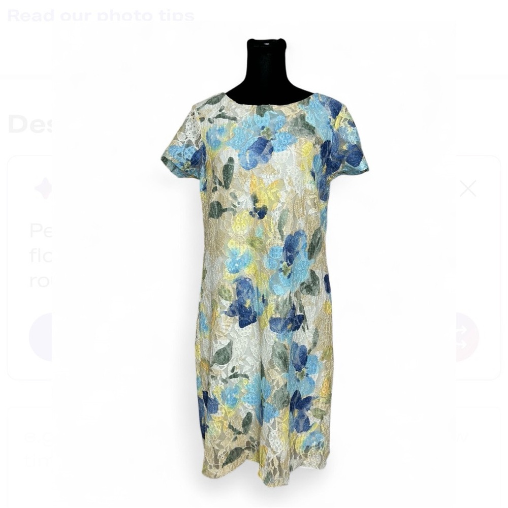 PERCEPTION New York Lace Floral Midi Dress 8 in Blue & Yellow W/Line Round Neck